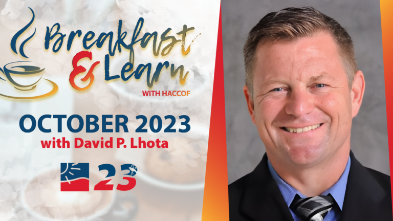 The image serves as a thumbnail for a video and features an announcement for a "Breakfast & Learn" event with HACCOF (Haitian American Chamber of Commerce of Florida) in October 2023. It includes the HACCOF logo next to the number "23," possibly indicating the date or a significant number related to the event. The prominent text and coffee cup icon suggest a morning educational session. The image also features a photograph of the speaker, David P. Lhota, who is dressed in professional attire with a friendly demeanor. The design aims to be engaging and informative, with a clear focus on the learning opportunity provided by the event.