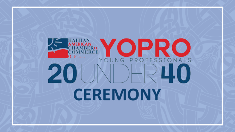 Graphic for the Haitian American Chamber of Commerce's '20 Under 40' ceremony featuring the 'YoPro', short for Young Professionals, branding. The visual is composed of a blue backdrop with faintly visible abstract design elements, overlayed by bold text and logos. It includes the HACCOF logo at the top left corner, and the words '20 UNDER 40' prominently displayed in the center with a large '20' in blue and the text 'UNDER 40' in red. The word 'CEREMONY' is written in a smaller font below, indicating the nature of the event.